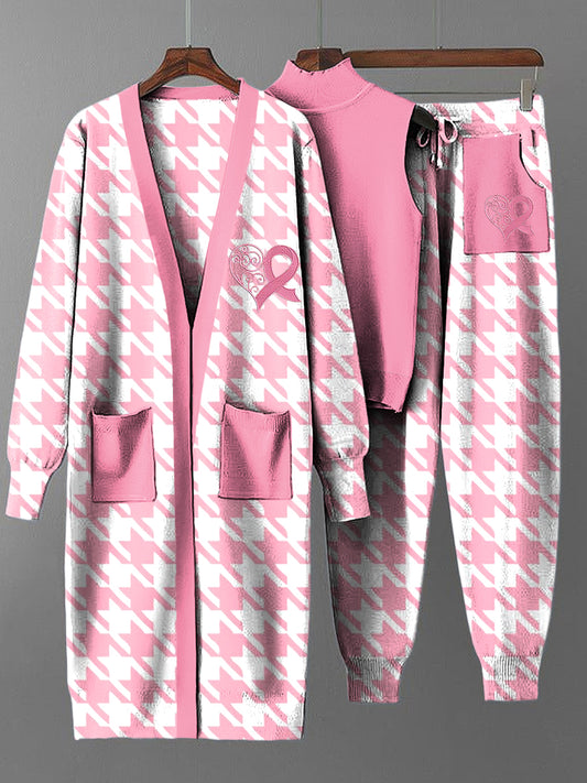 Women's Vintage Breast Cancer Houndstooth Long Coat Knit Three-Piece Set