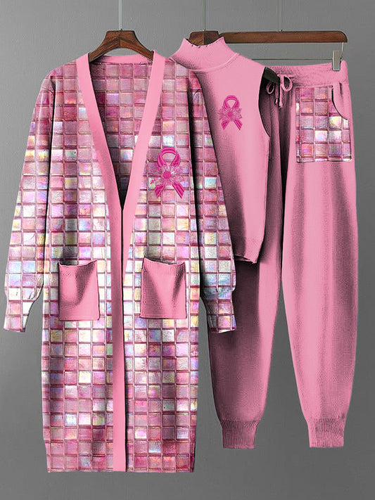 Women's Vintage Breast Cancer Ribbon Long Coat Knit Three-Piece Set