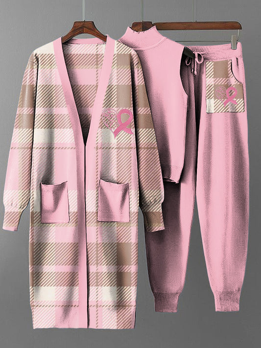 Women's Vintage Pink Plaid Long Coat Knit Three-Piece Set