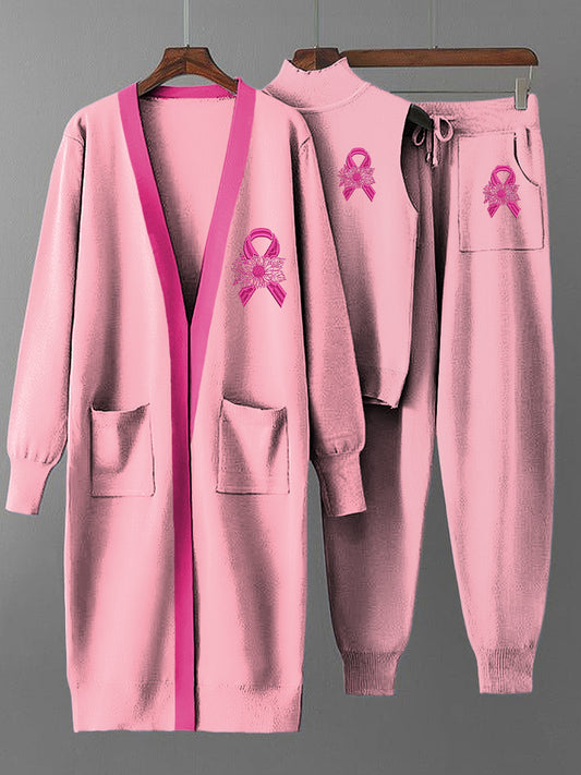 Women's Vintage Pink Ribbon Long Coat Knit Three-Piece Set