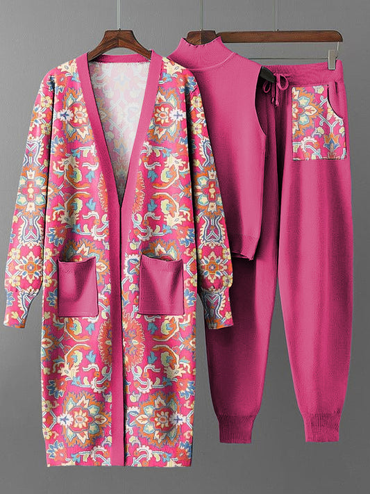 Women's Vintage Ethnic Floral Long Coat Knit Three-Piece Set