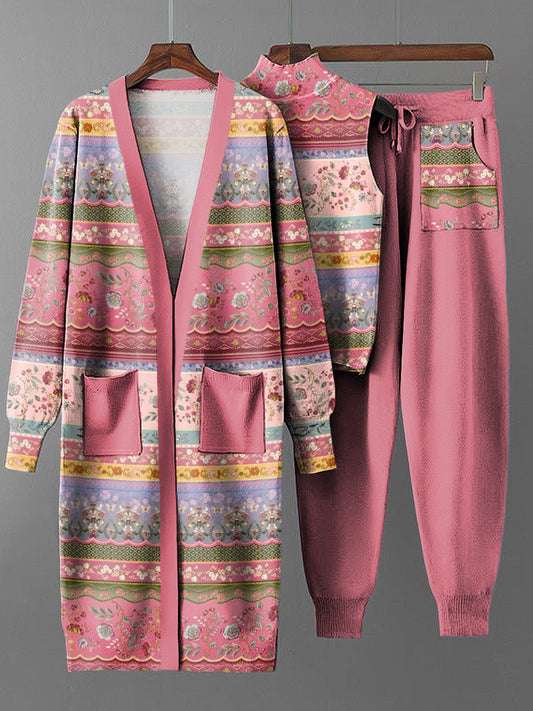 Women's Vintage Pink Floral Long Coat Knit Three-Piece Set