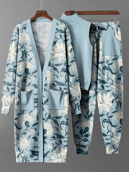 Women's Vintage Floral Long Coat Knit Three-Piece Set