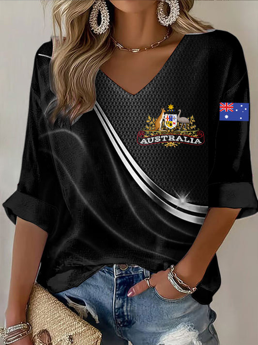 Retro Australian Flag Emblem Line Print Casual Cotton Waffle Long Sleeve T-Shirt