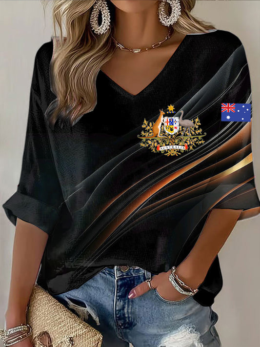 Retro Australian Flag Emblem Line Print Casual Cotton Waffle Long Sleeve T-Shirt