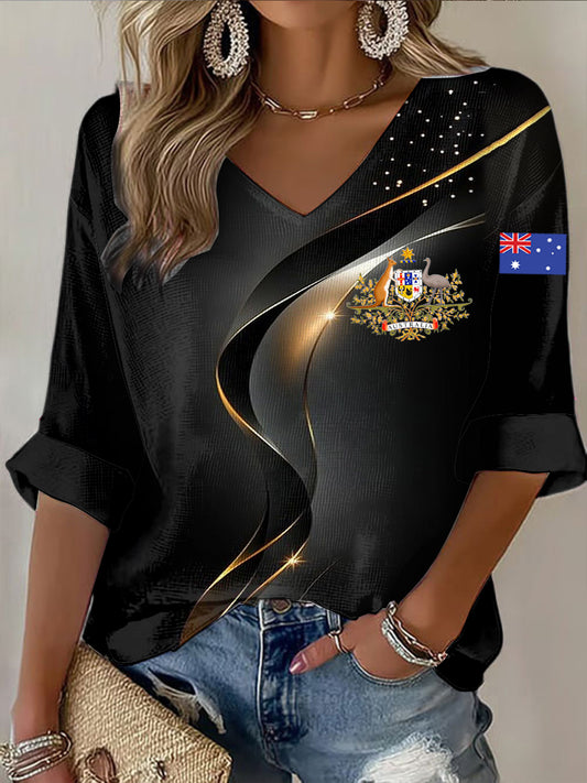 Retro Australian Flag Emblem Line Print Casual Cotton Waffle Long Sleeve T-Shirt