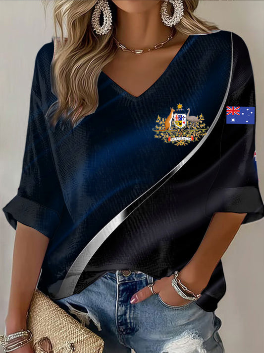 Retro Australian Flag Emblem Line Print Casual Cotton Waffle Long Sleeve T-Shirt