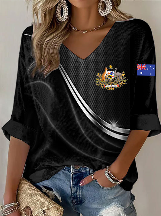 Retro Australian Flag Emblem Line Print Casual Cotton Waffle Long Sleeve T-Shirt