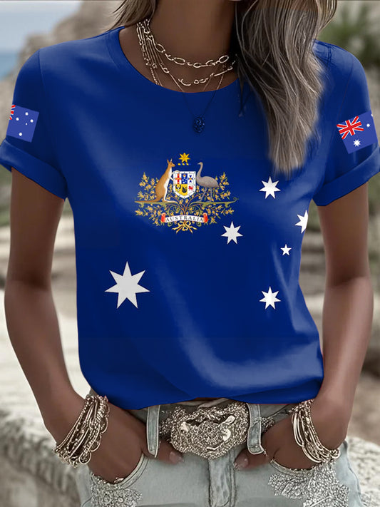 Retro Australian Flag Badge Print Comfortable Casual Cotton Short-sleeved T-shirt