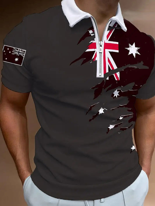 Vintage Australian Flag Badge Printed Casual Cotton Short Sleeve Polo Shirt