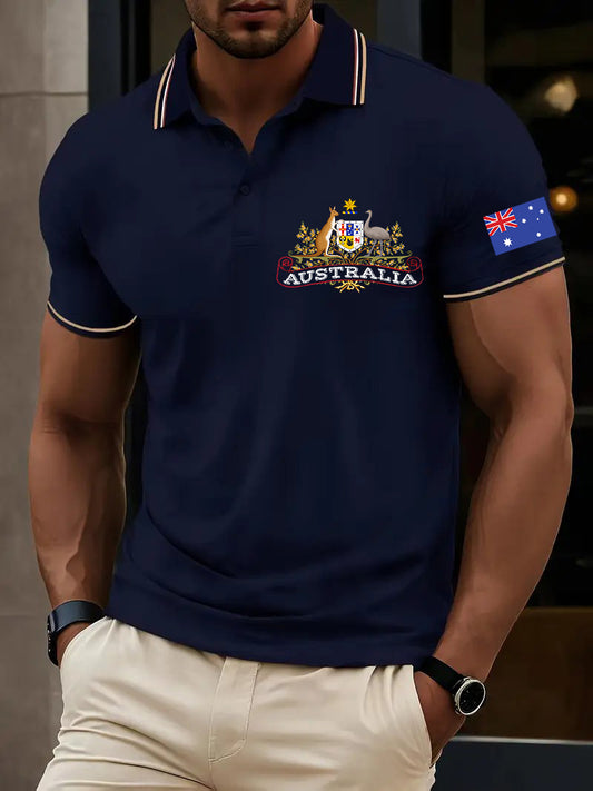 Vintage Australian Flag Badge Printed Casual Cotton Short Sleeve Polo Shirt