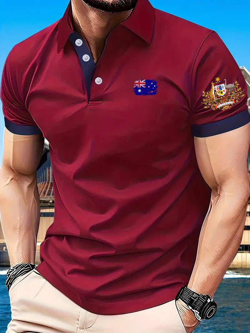 Vintage Australian Flag Badge Printed Casual Cotton Short Sleeve Polo Shirt