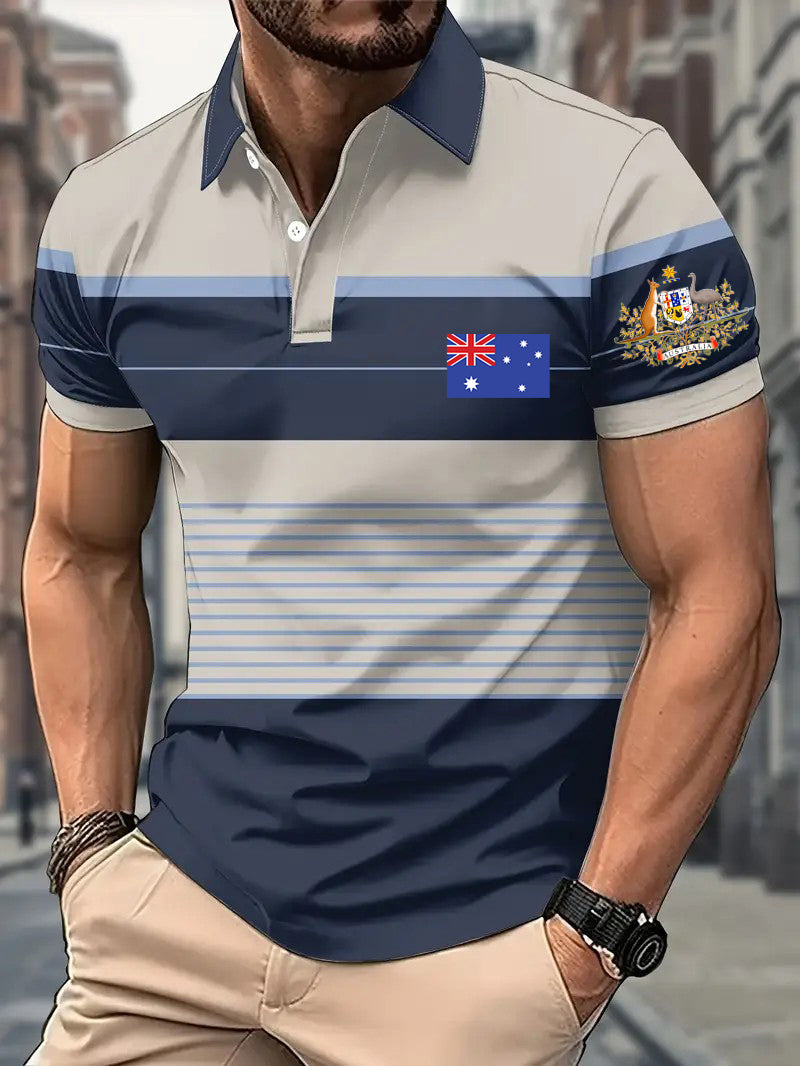 Vintage Australian Flag Badge Stripes Printed Casual Cotton Short Sleeve Polo Shirt