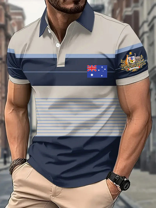 Vintage Australian Flag Badge Stripes Printed Casual Cotton Short Sleeve Polo Shirt