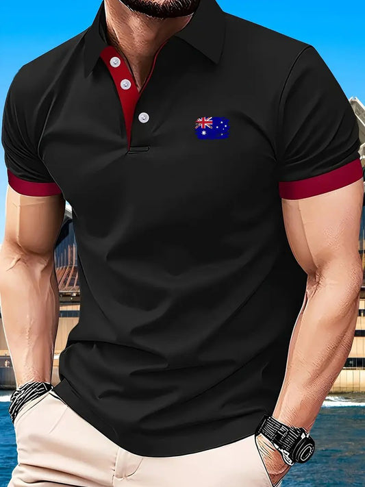Vintage Australian Flag Badge Printed Casual Cotton Short Sleeve Polo Shirt