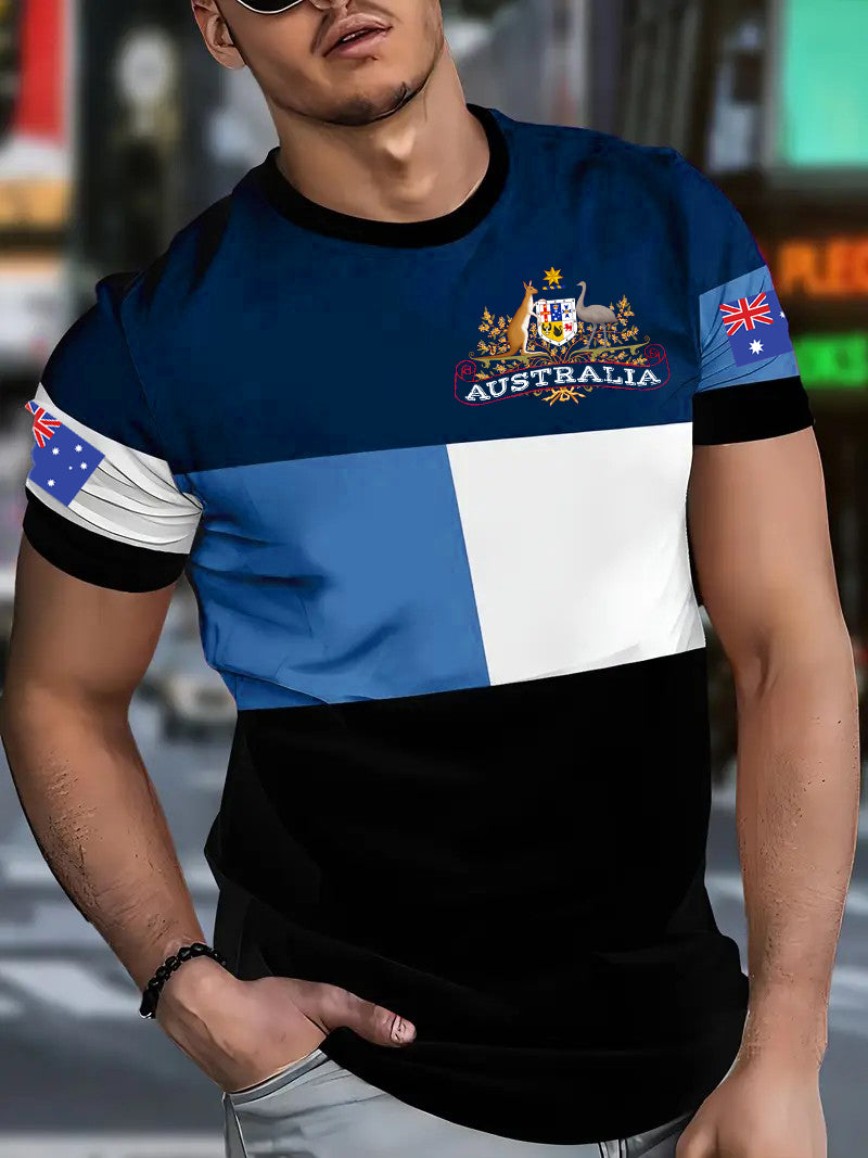 Retro Australian Flag Badge Color Block Print Casual Cotton Short Sleeve T-Shirt