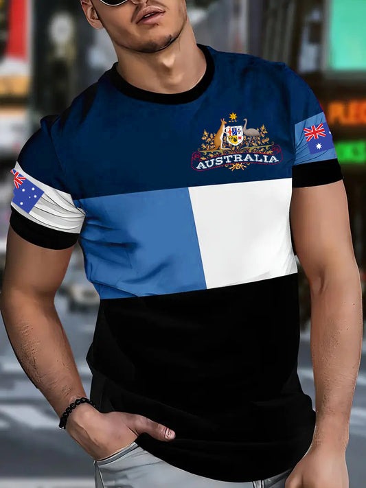 Retro Australian Flag Badge Color Block Print Casual Cotton Short Sleeve T-Shirt