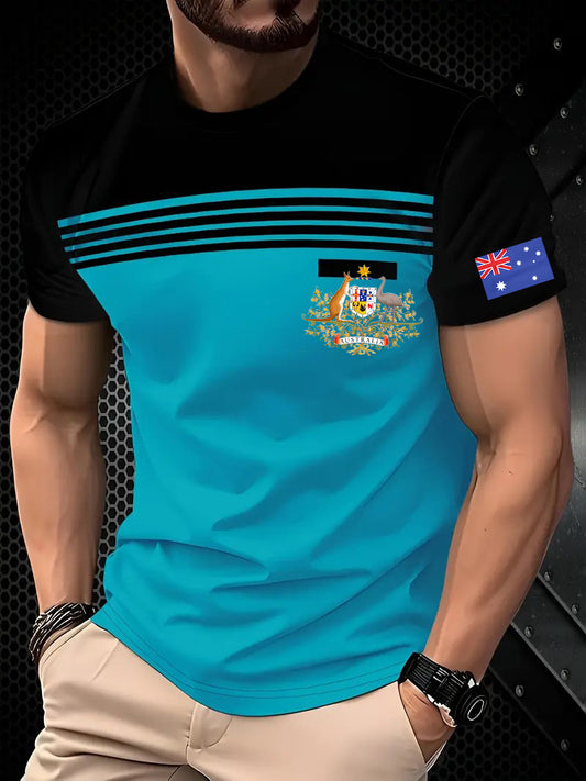 Retro Australian Flag Badge Color Block Print Casual Cotton Short Sleeve T-Shirt