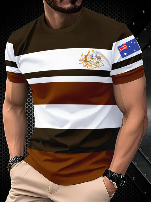 Retro Australian Flag Badge Color Block Print Casual Cotton Short Sleeve T-Shirt