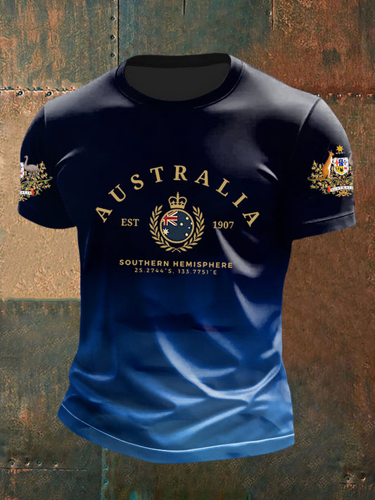 Retro Australian Flag Badge Gradient Print Casual Cotton Short Sleeve T-Shirt
