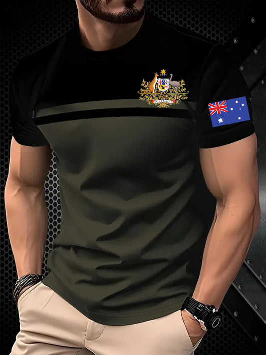 Retro Australian Flag Badge Color Block Print Casual Cotton Short Sleeve T-Shirt