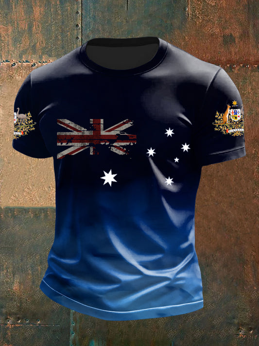 Retro Australian Flag Badge Gradient Print Casual Cotton Short Sleeve T-Shirt
