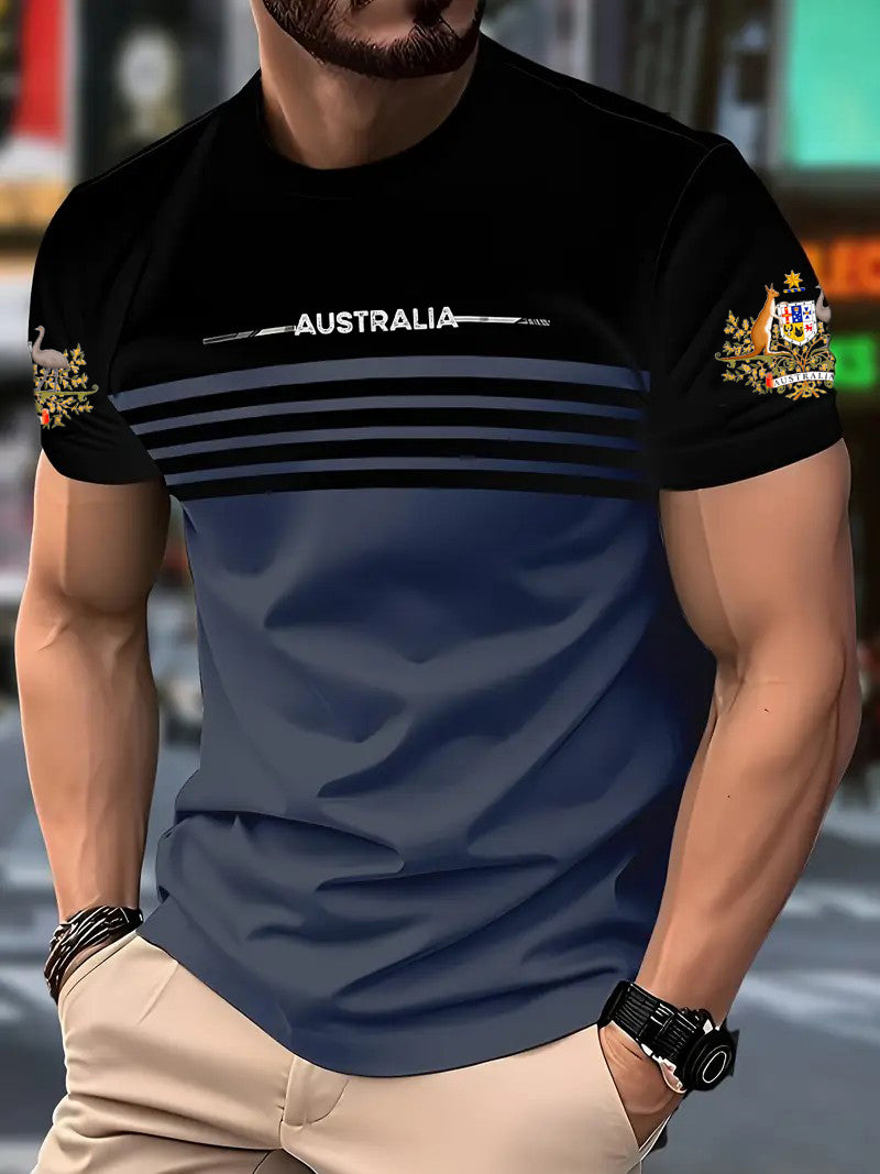 Retro Australian Flag Badge Color Block Print Casual Cotton Short Sleeve T-Shirt