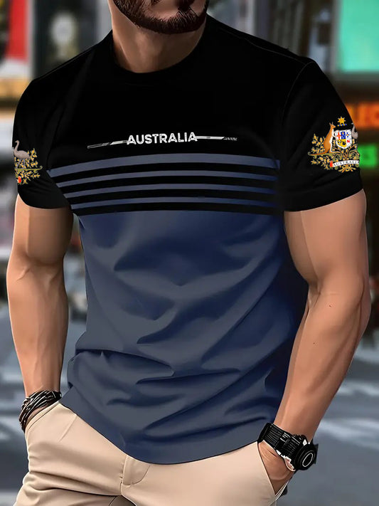 Retro Australian Flag Badge Color Block Print Casual Cotton Short Sleeve T-Shirt