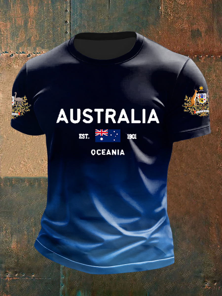 Retro Australian Flag Badge Gradient Print Casual Cotton Short Sleeve T-Shirt