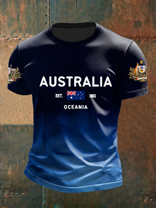 Retro Australian Flag Badge Gradient Print Casual Cotton Short Sleeve T-Shirt