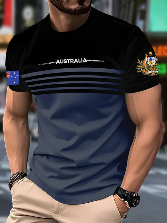 Retro Australian Flag Badge Color Block Print Casual Cotton Short Sleeve T-Shirt