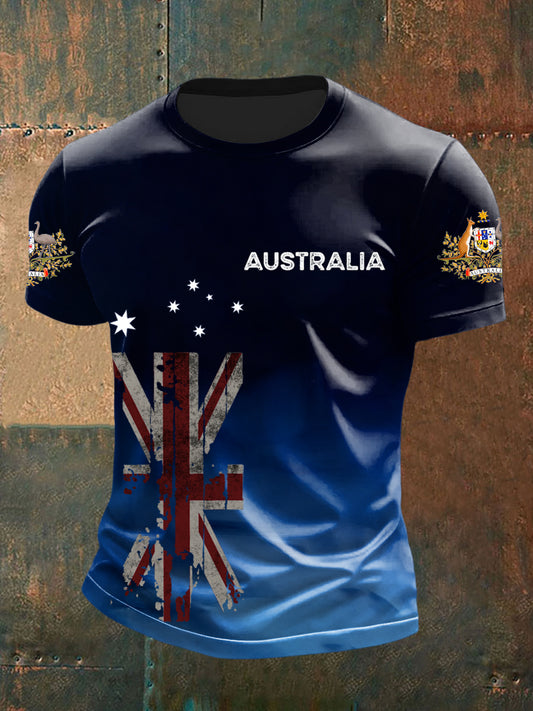 Retro Australian Flag Badge Gradient Print Casual Cotton Short Sleeve T-Shirt