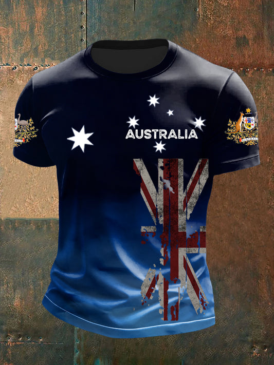 Retro Australian Flag Badge Gradient Print Casual Cotton Short Sleeve T-Shirt