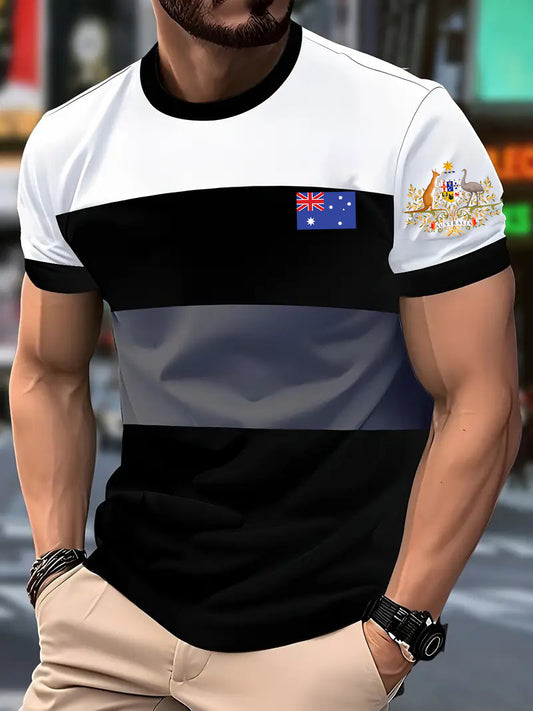 Retro Australian Flag Badge Color Block Print Casual Cotton Short Sleeve T-Shirt