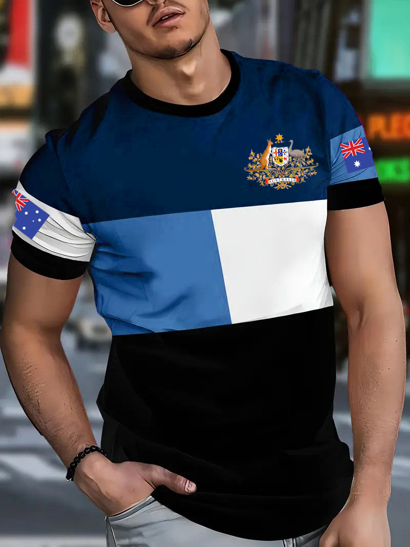 Retro Australian Flag Badge Color Block Print Casual Cotton Short Sleeve T-Shirt