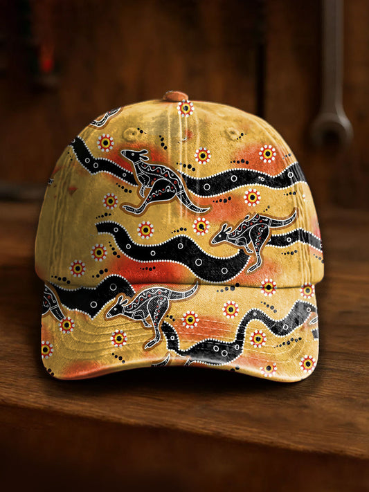 Retro Australian Desert Polka Dot Art Kangaroo Casual Print Washed Hat