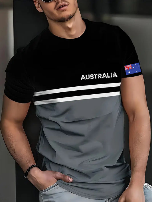 Vintage Australian Flag Badge Print Casual Cotton Short Sleeve T-Shirt