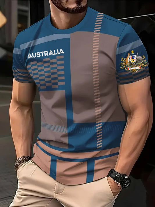 Vintage Australian Flag Badge Colour Block Print Casual Cotton Short Sleeve T-Shirt