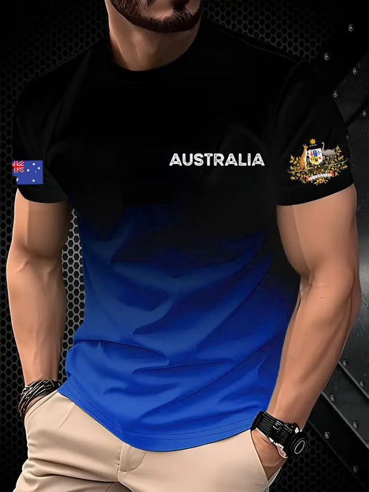Retro Australian Flag Badge Gradient Print Casual Cotton Short Sleeve T-Shirt