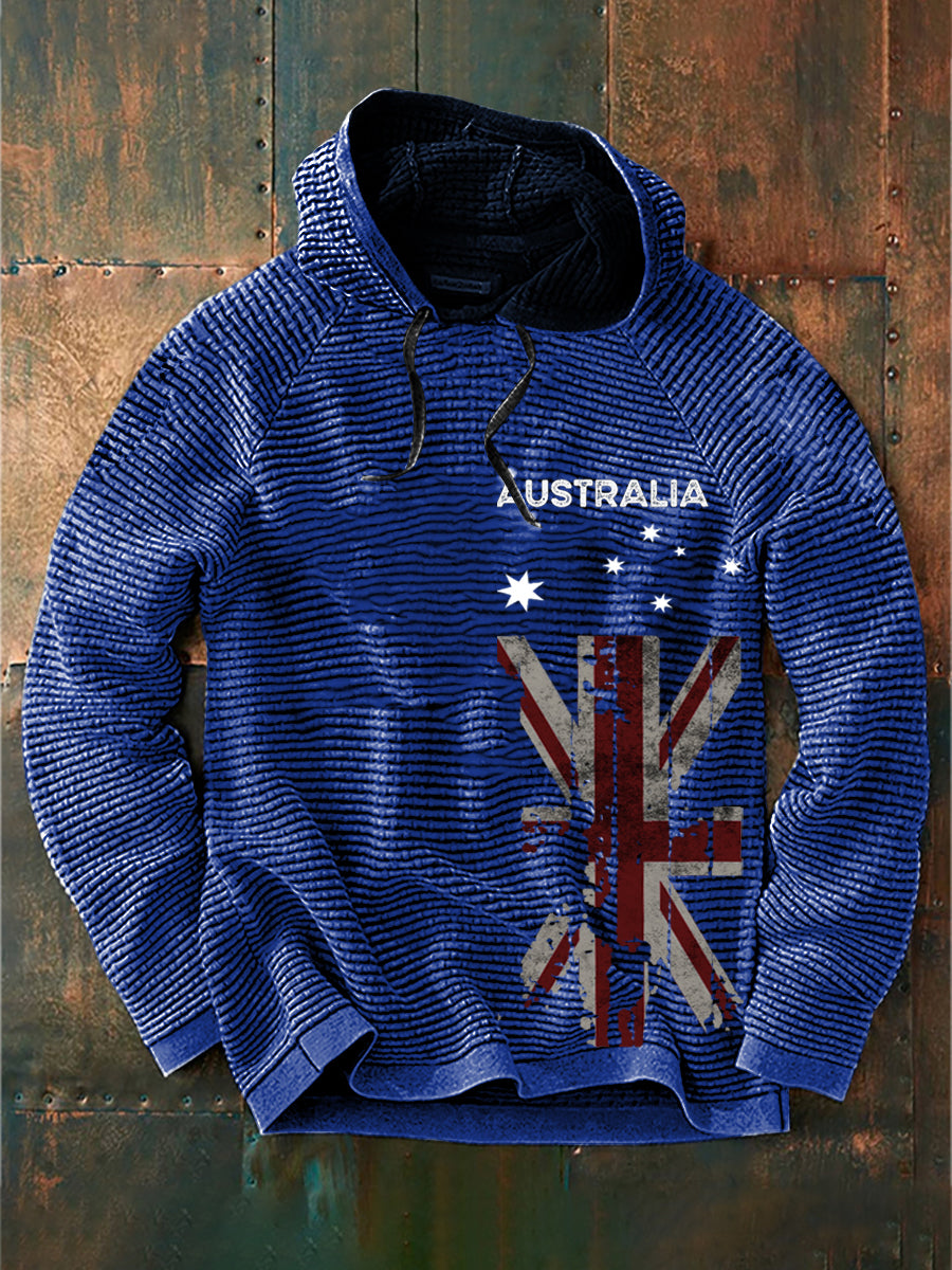 Vintage Australian Flag Badge Print Casual Cotton French Terry Hoodie