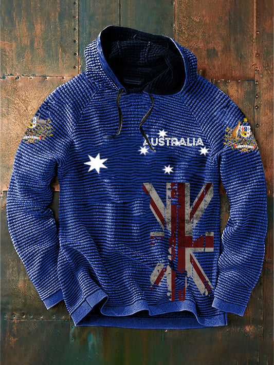 Vintage Australian Flag Badge Print Casual Cotton French Terry Hoodie