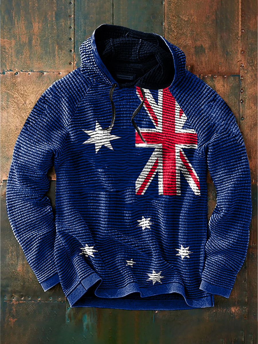 Vintage Australian Flag Badge Print Casual Cotton French Terry Hoodie