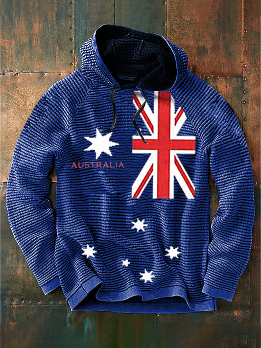 Vintage Australian Flag Badge Print Casual Cotton French Terry Hoodie