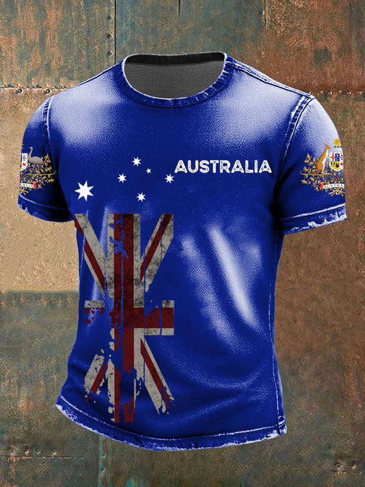 Vintage Australian Flag Badge Print Casual Cotton Short Sleeve T-Shirt
