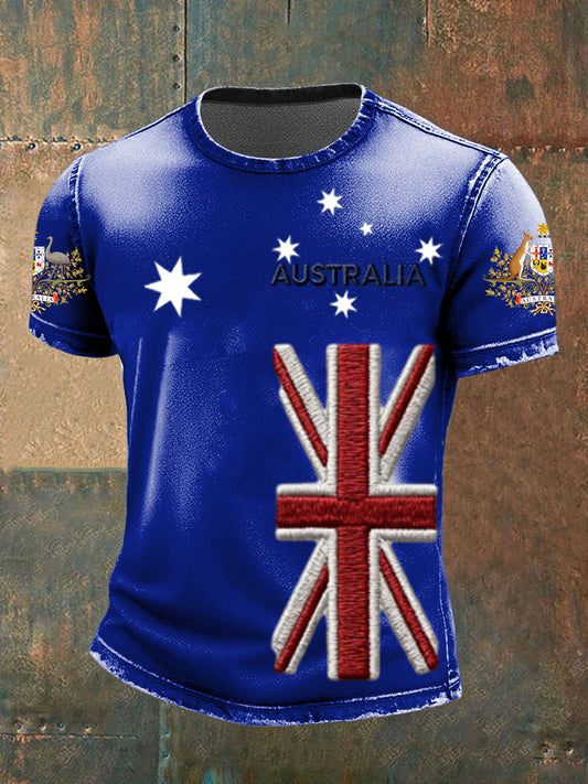 Vintage Australian Flag Badge Print Casual Cotton Short Sleeve T-Shirt