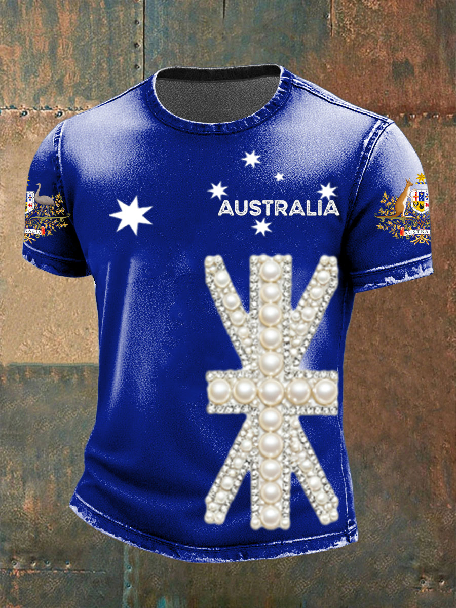 Vintage Australian Flag Badge Print Casual Cotton Short Sleeve T-Shirt