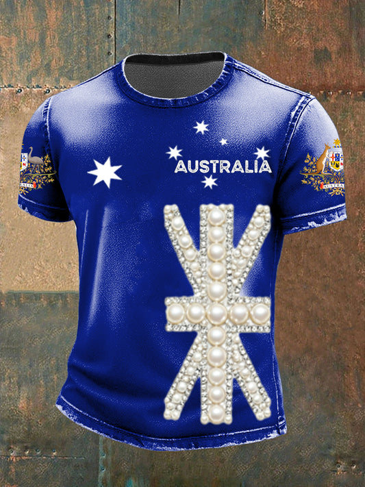 Vintage Australian Flag Badge Print Casual Cotton Short Sleeve T-Shirt