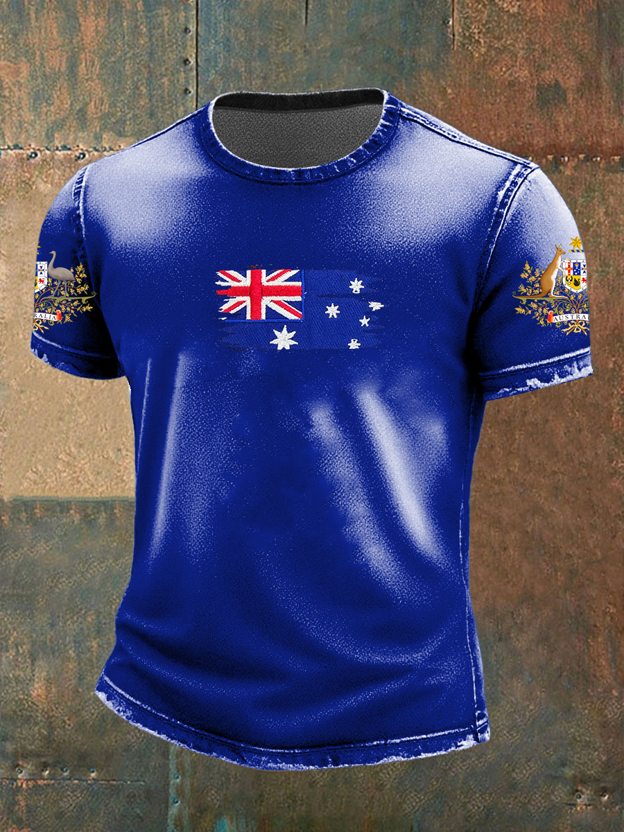 Vintage Australian Flag Badge Print Casual Cotton Short Sleeve T-Shirt