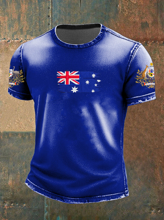 Vintage Australian Flag Badge Print Casual Cotton Short Sleeve T-Shirt