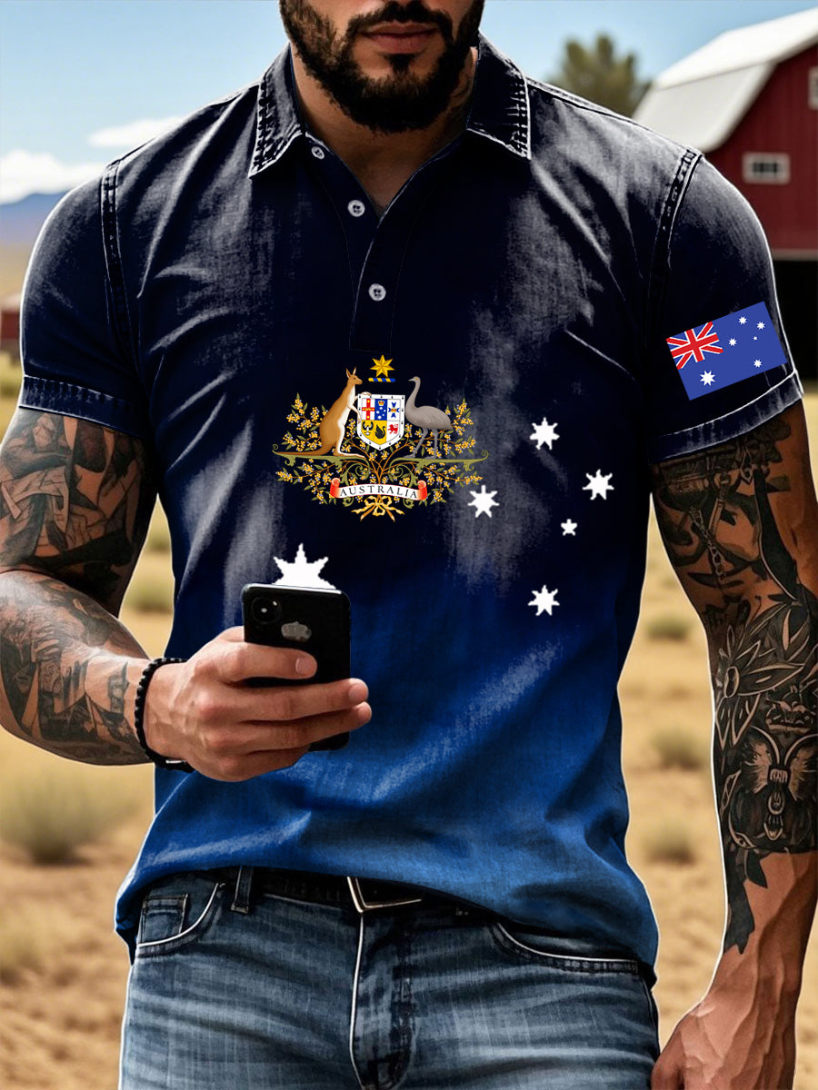 Vintage Australian Flag Badge Gradient Printed Casual Cotton Short Sleeve Polo Shirt